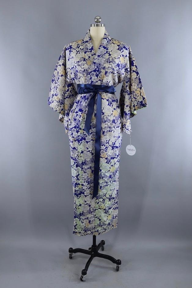 Vintage Cotton Muslin Kimono / Blue Floral Print - ThisBlueBird