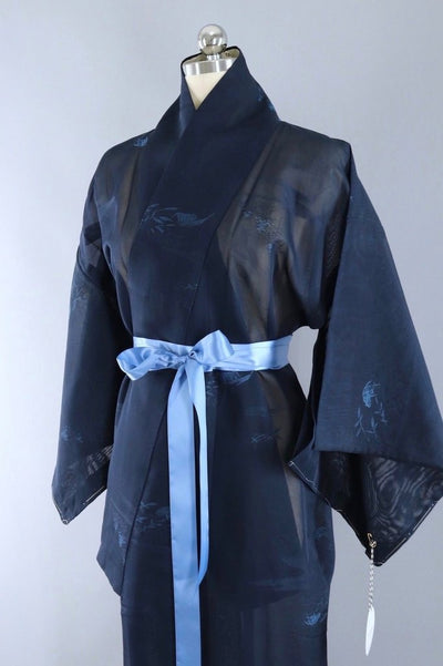 Vinage Silk Kimono Robe / Navy Blue Sha Silk - ThisBlueBird