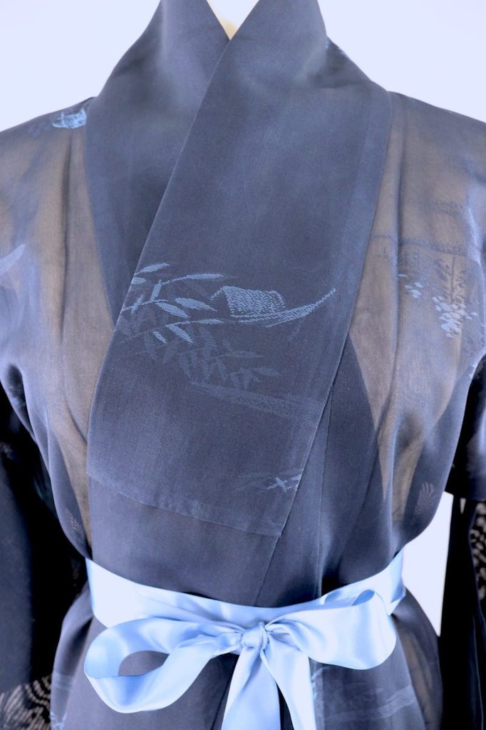 Vinage Silk Kimono Robe / Navy Blue Sha Silk - ThisBlueBird