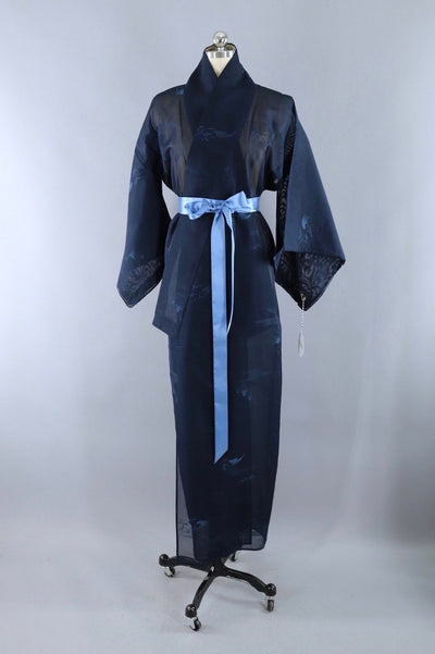 Vinage Silk Kimono Robe / Navy Blue Sha Silk - ThisBlueBird
