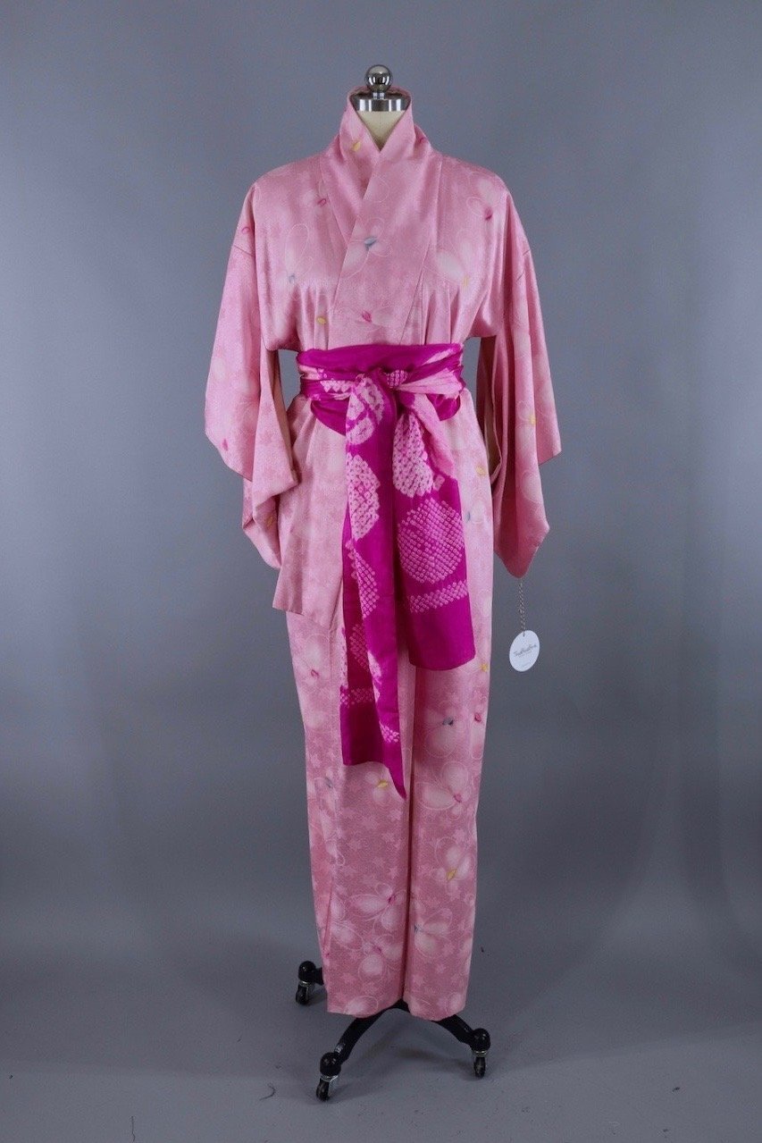 Vintage Silk Kimono Robe / Pink Butterflies - ThisBlueBird