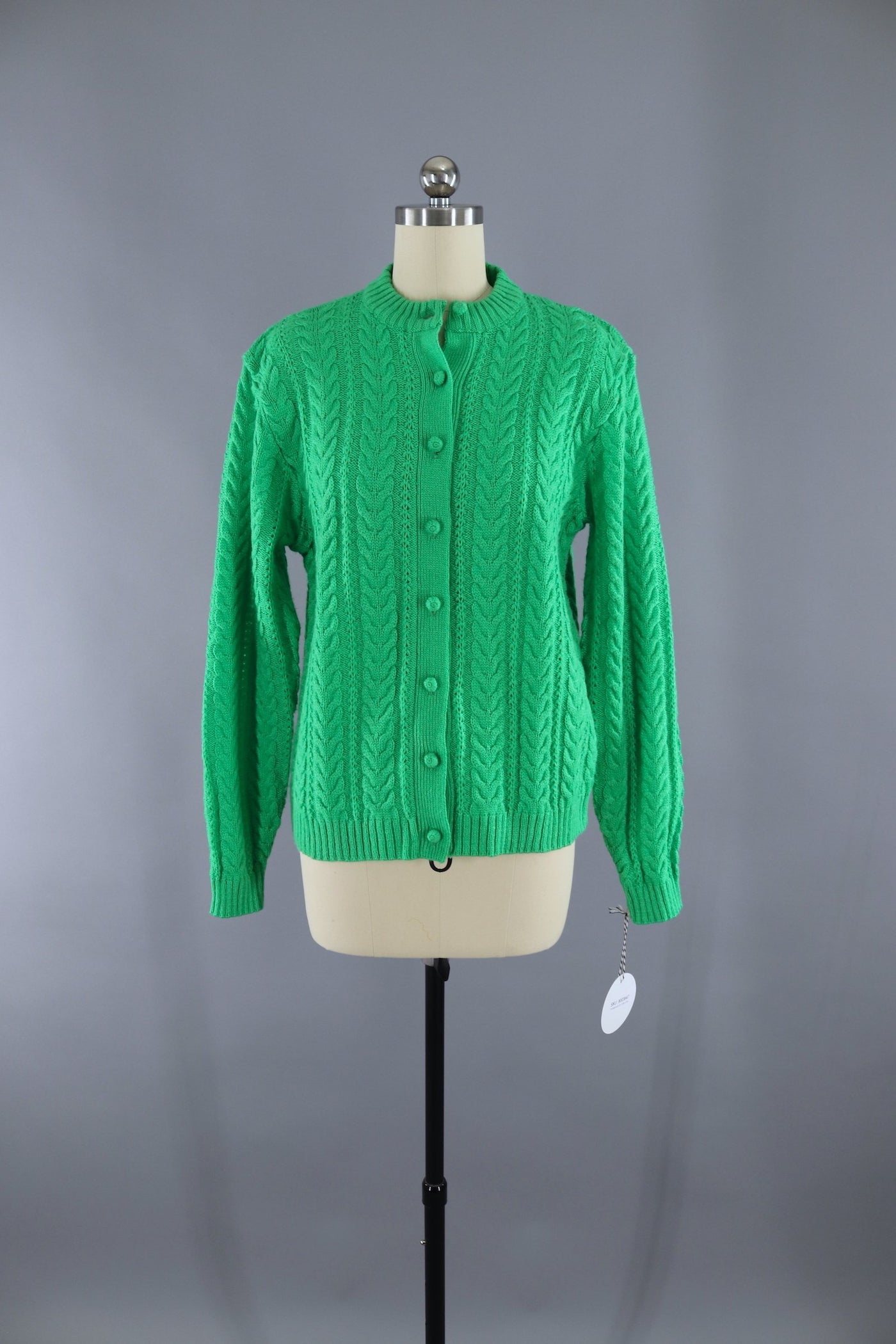 Vintage Kelly Green Cable Knit Cardigan Sweater - ThisBlueBird