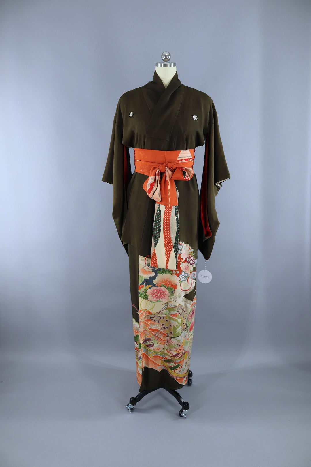 Vintage 1890s-1910s Silk Kimono Robe Irotomesode / Olive Green Khaki Floral Print - ThisBlueBird