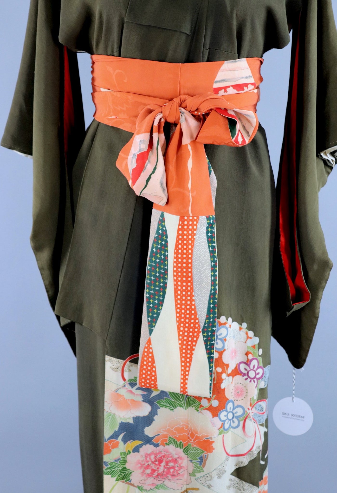 Vintage 1890s-1910s Silk Kimono Robe Irotomesode / Olive Green Khaki Floral Print - ThisBlueBird
