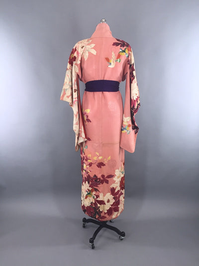 Vintage 1910s-1920s Vintage Silk Kimono Robe / Pink Birds & Floral Print - ThisBlueBird