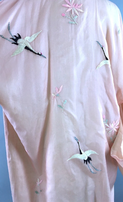 Vintage 1910s - 1920s Vintage Silk Kimono Robe / Pink Embroidered Cranes Birds - ThisBlueBird