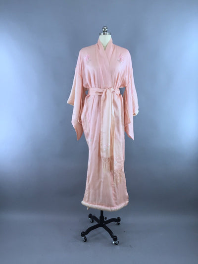 Vintage 1910s - 1920s Vintage Silk Kimono Robe / Pink Embroidered Cranes Birds - ThisBlueBird