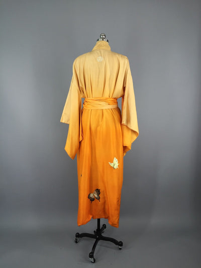 Vintage 1915 - 1920s Antique Silk Kimono Robe / Embroidered Butterflies - ThisBlueBird