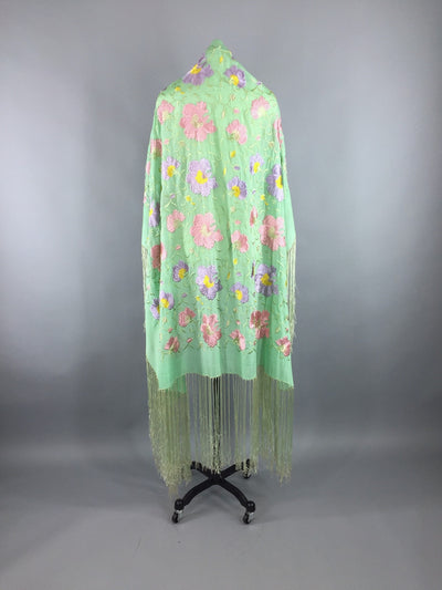 Vintage 1920s - 1930s Embroidered Silk Fringed Piano Shawl Wrap - ThisBlueBird