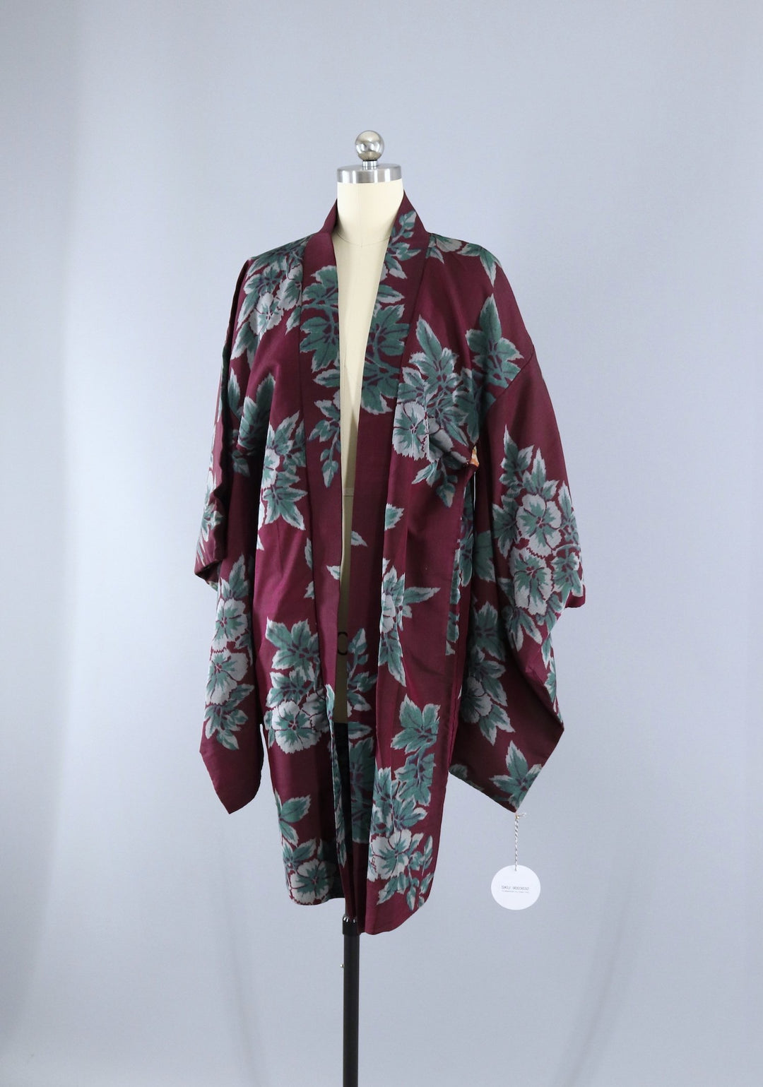 Vintage 1920s 1930s Meisen Silk Haori Kimono Cardigan / Ikat Maroon Purple &amp; Green Floral - ThisBlueBird