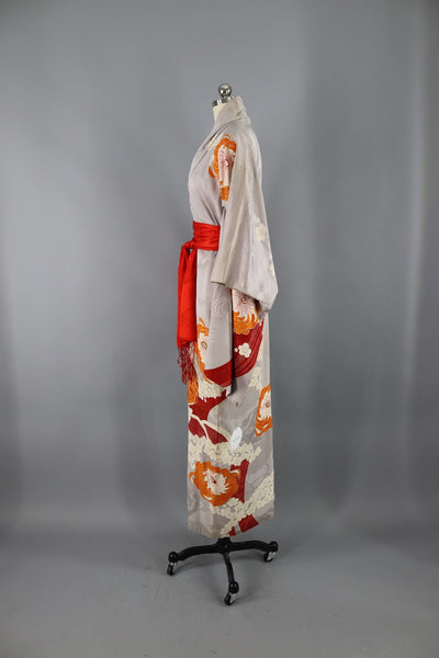 Vintage 1920s - 1930s Silk Kimono Robe / Grey, Red, and Orange Floral - ThisBlueBird