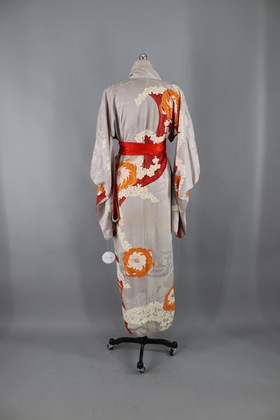 Vintage 1920s - 1930s Silk Kimono Robe / Grey, Red, and Orange Floral - ThisBlueBird