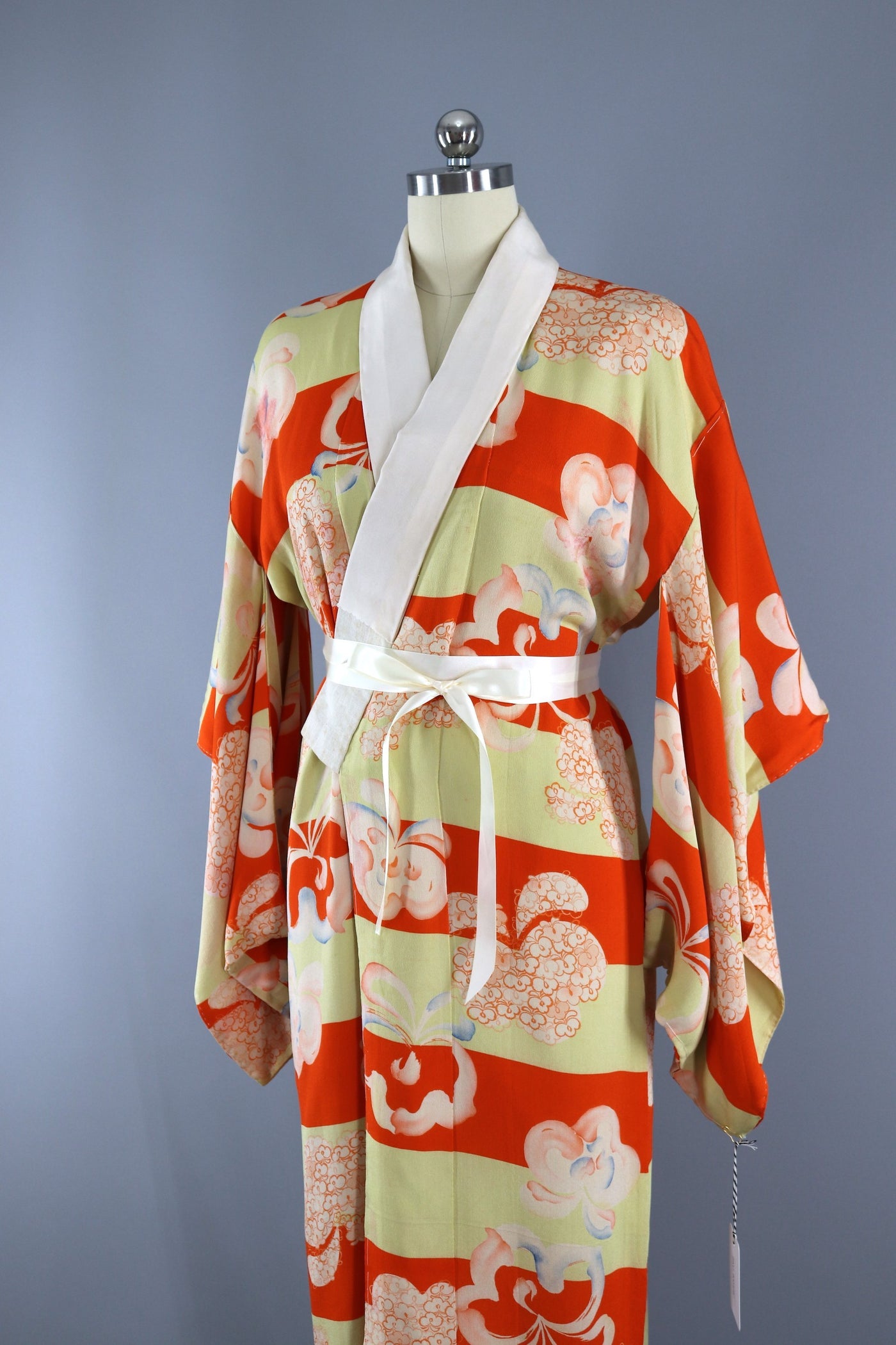 Vintage 1920s 1930s Silk Kimono Robe / Orange & Yellow Floral Print Stripes - ThisBlueBird
