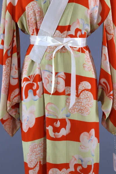 Vintage 1920s 1930s Silk Kimono Robe / Orange & Yellow Floral Print Stripes - ThisBlueBird