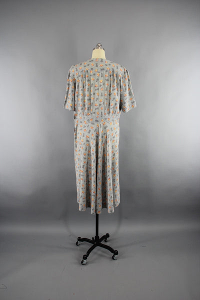 Vintage 1920s Day Dress / Grey Floral Print Cotton - ThisBlueBird