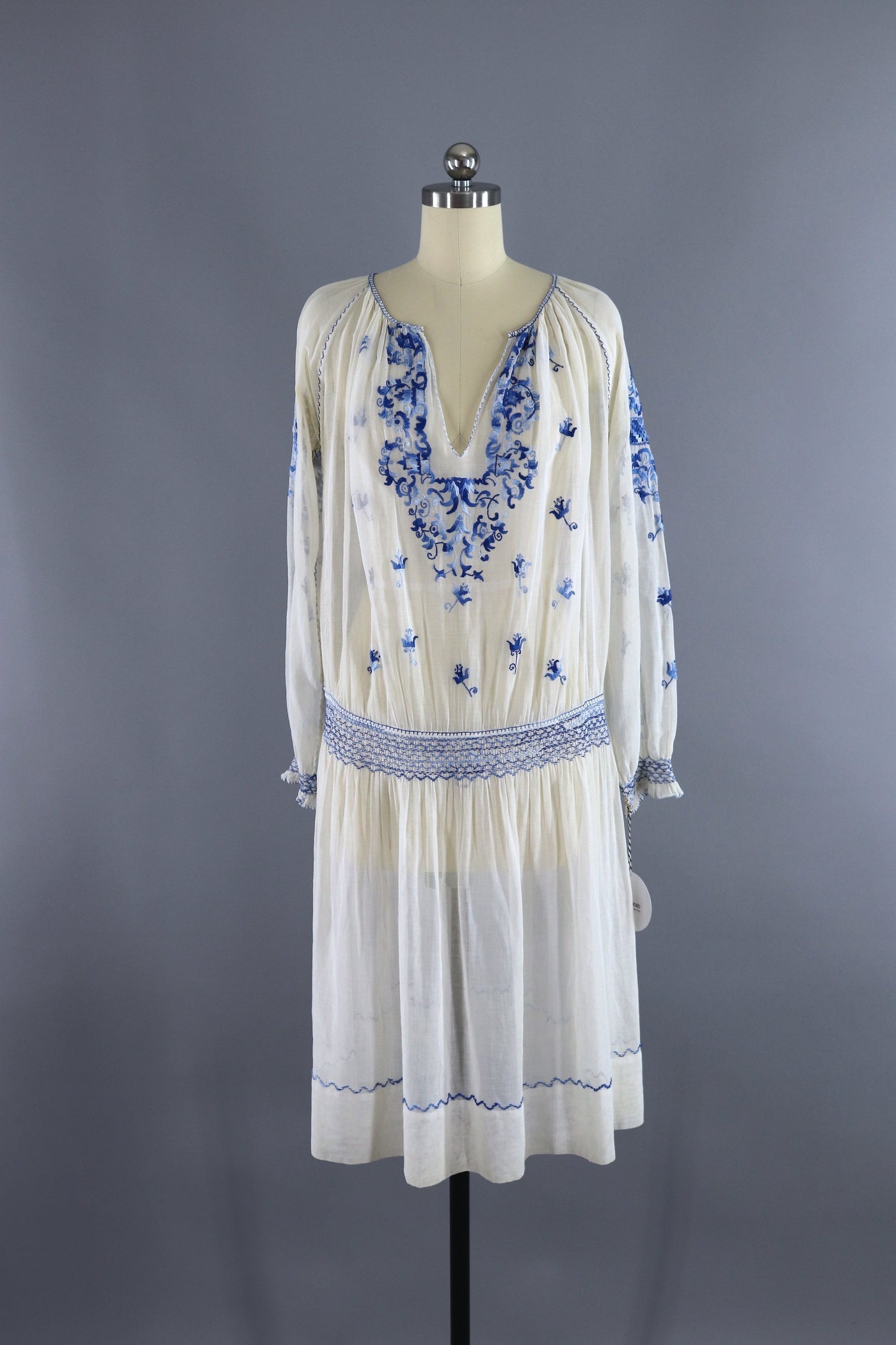 Vintage 1920s Embroidered Peasant Dress / White & Blue Cotton Gauze - ThisBlueBird