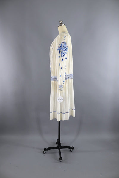 Vintage 1920s Embroidered Peasant Dress / White & Blue Cotton Gauze - ThisBlueBird