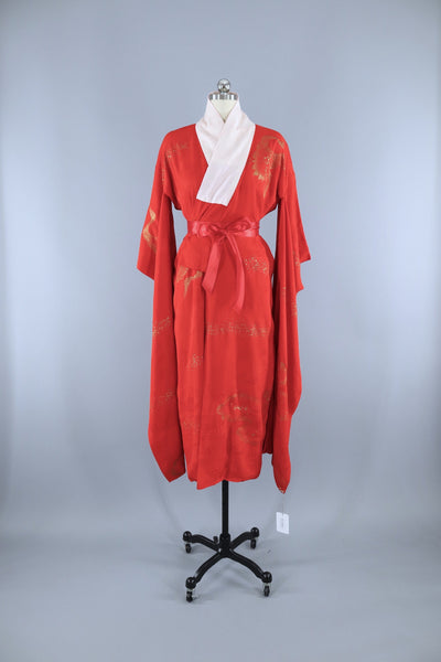 Vintage 1920s Kimono Robe Furisode Nagajuban / Red & Gold Flying Cranes - ThisBlueBird