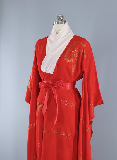Vintage 1920s Kimono Robe Furisode Nagajuban / Red & Gold Flying Cranes - ThisBlueBird