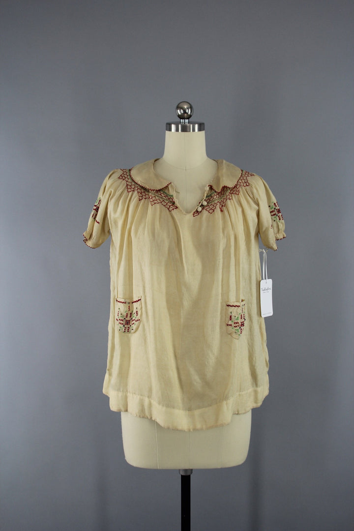 Vintage 1920s Pongee Silk Embroidered Peasant Blouse - ThisBlueBird