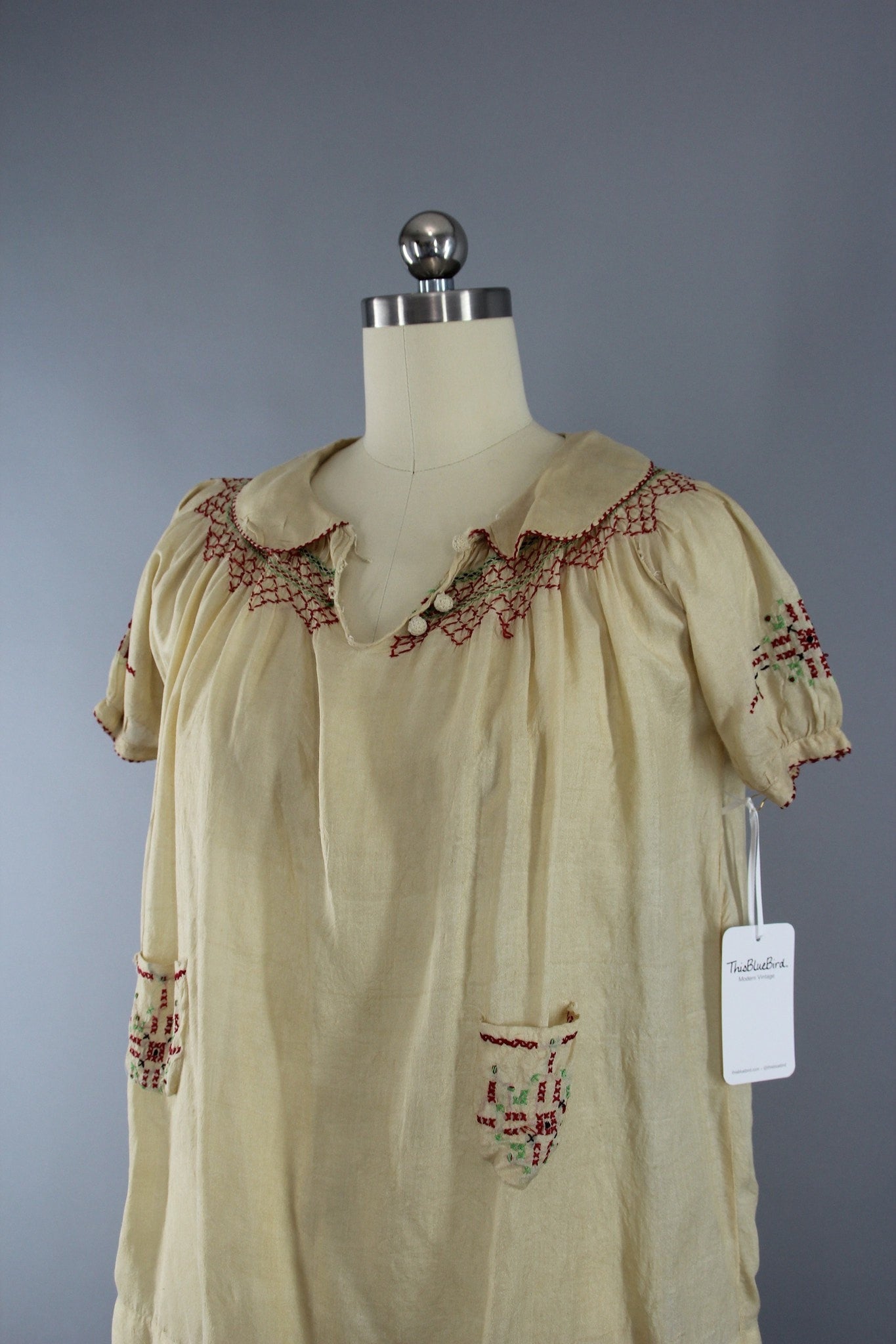 Vintage 1920s Pongee Silk Embroidered Peasant Blouse - ThisBlueBird