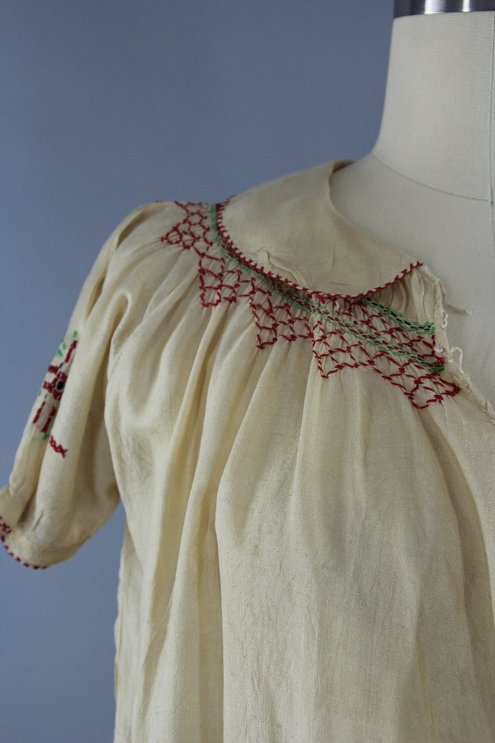 Vintage 1920s Pongee Silk Embroidered Peasant Blouse - ThisBlueBird