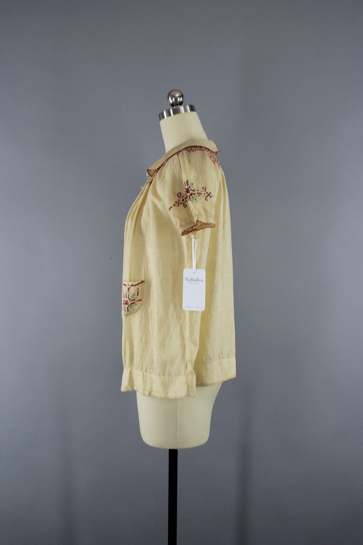 Vintage 1920s Pongee Silk Embroidered Peasant Blouse - ThisBlueBird