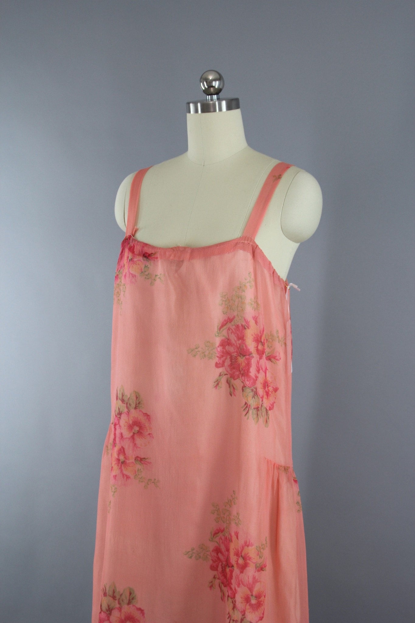 Vintage 1920s Silk Chiffon Dress in Bright Pink Floral Print - ThisBlueBird