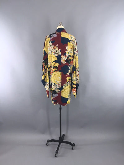 Vintage 1920s Silk Haori Kimono Cardigan / Maroon Chartreuse Fan Print - ThisBlueBird