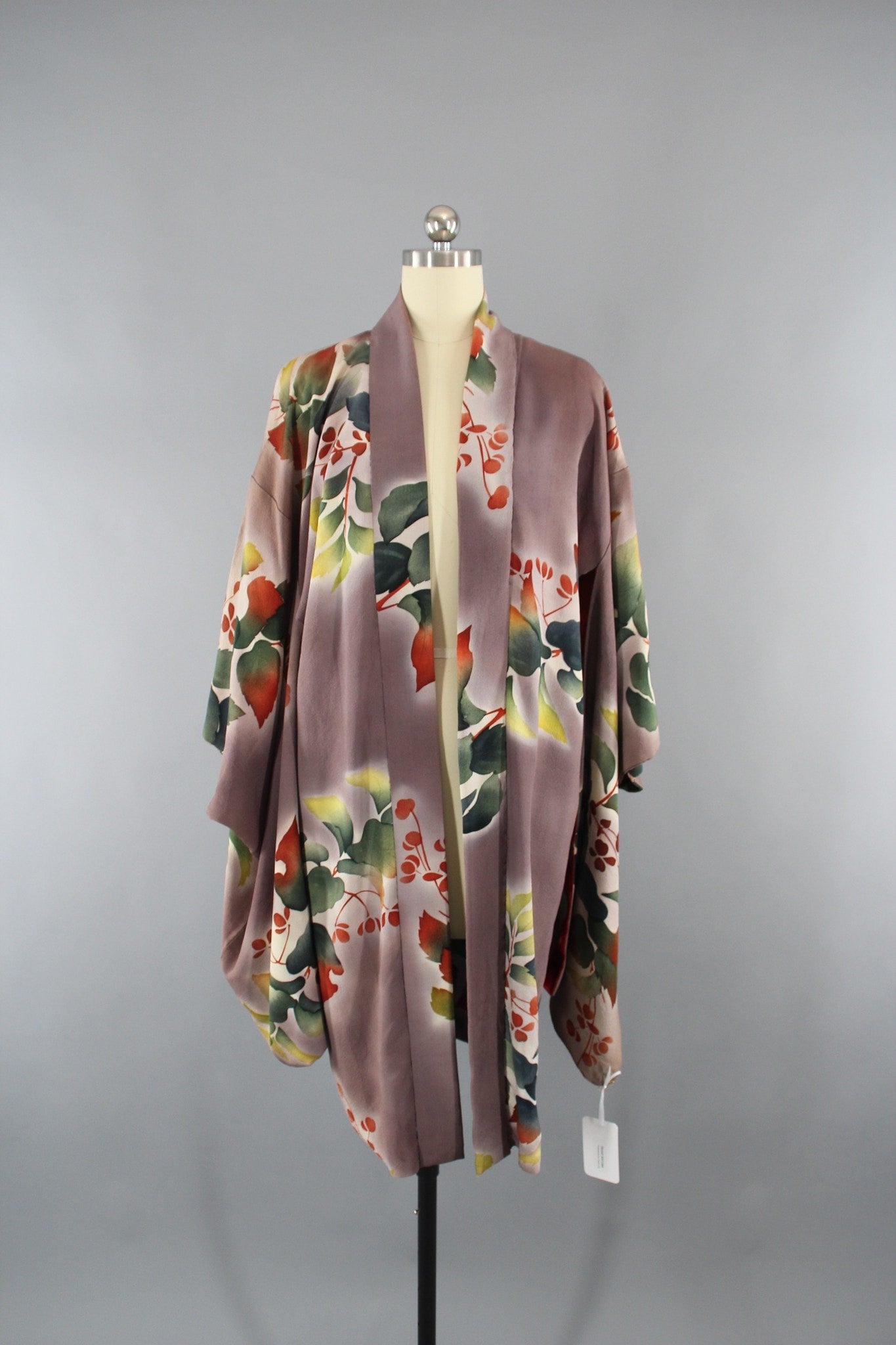 Vintage 1920s Silk Haori Kimono Jacket in Green and Taupe Autumn Leaves Floral Print - ThisBlueBird