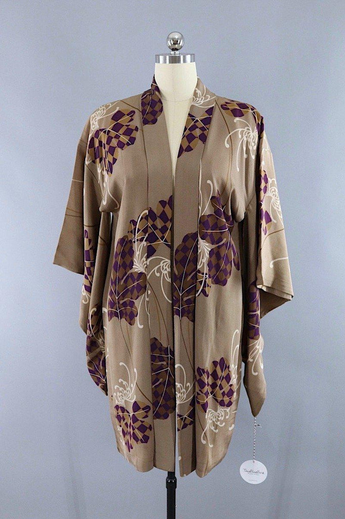 Vintage 1920s Silk Kimono Cardigan Jacket / Taupe Chrysanthemum Floral ...