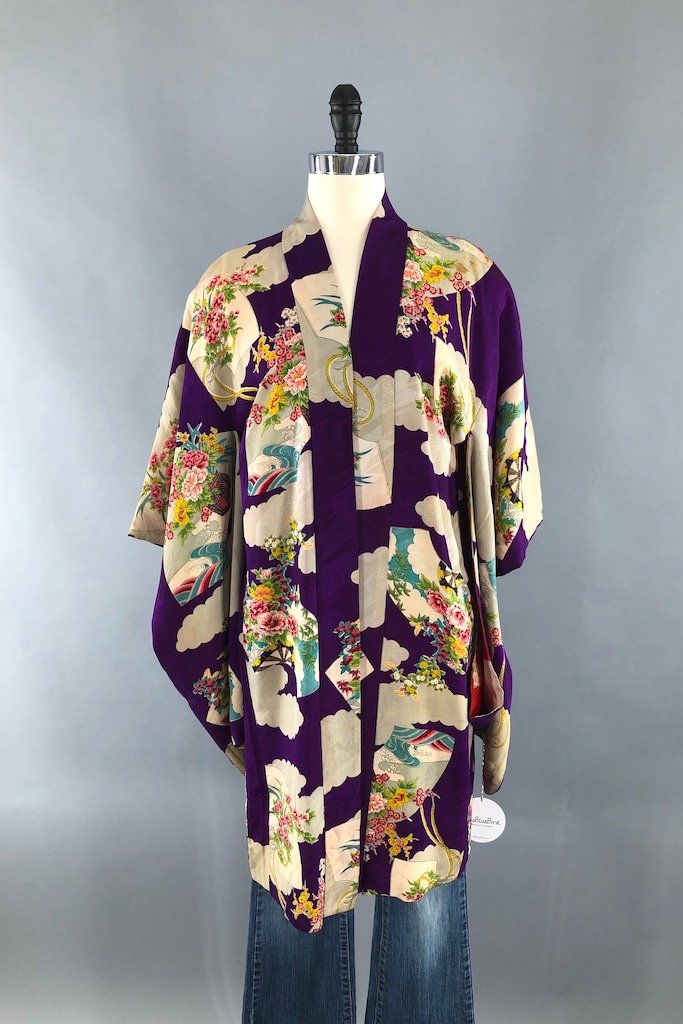 Vintage 1920s Silk Kimono Cardigan / Purple Floral Print-ThisBlueBird - Modern Vintage