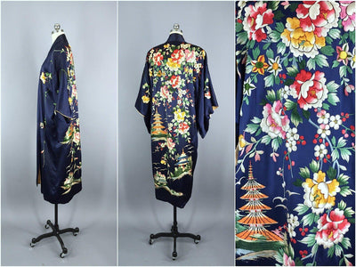 Vintage 1920s Silk Kimono / Floral Embroidered Pagodas - ThisBlueBird
