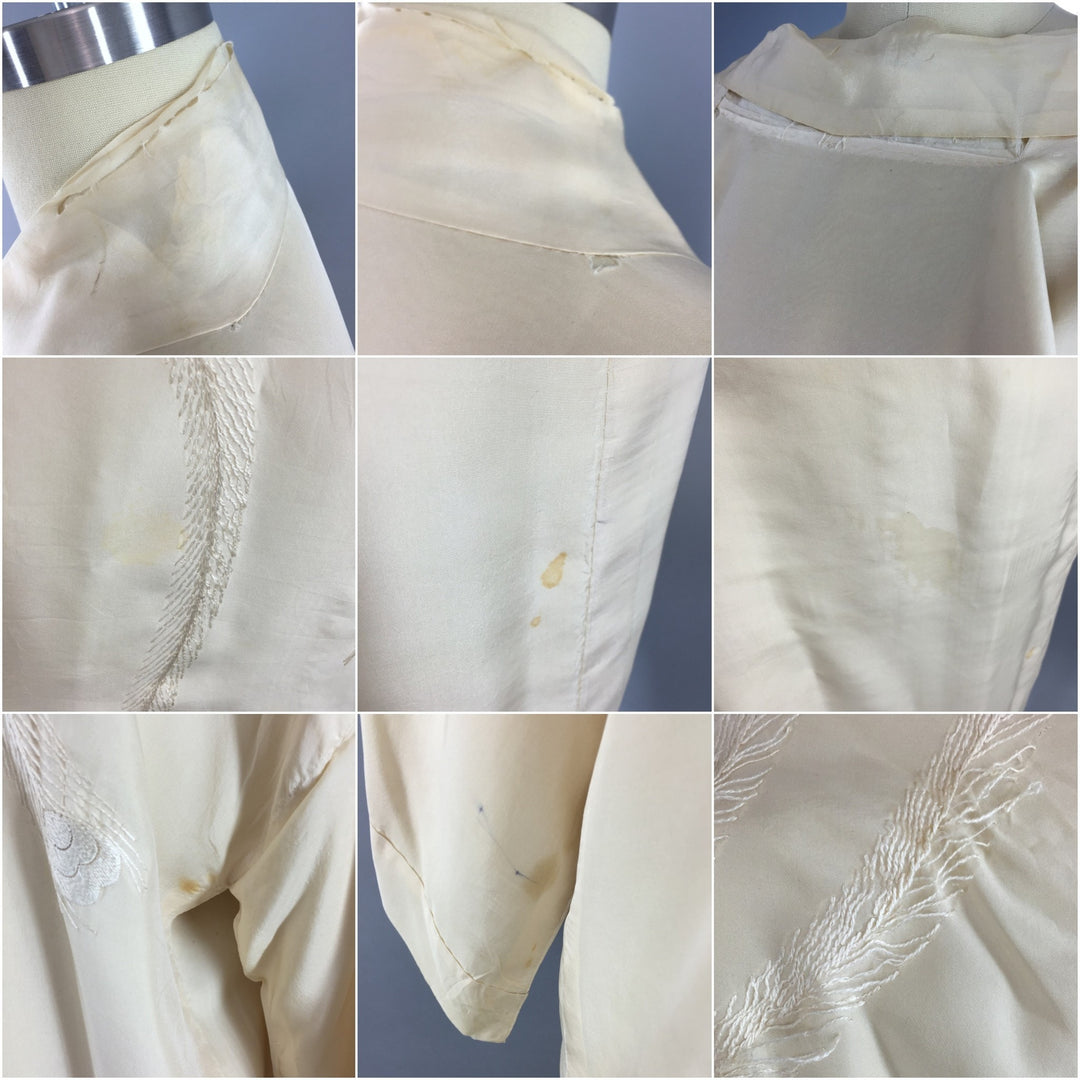 Vintage 1920s Silk Kimono Robe / Ivory Embroidered Peacock - ThisBlueBird