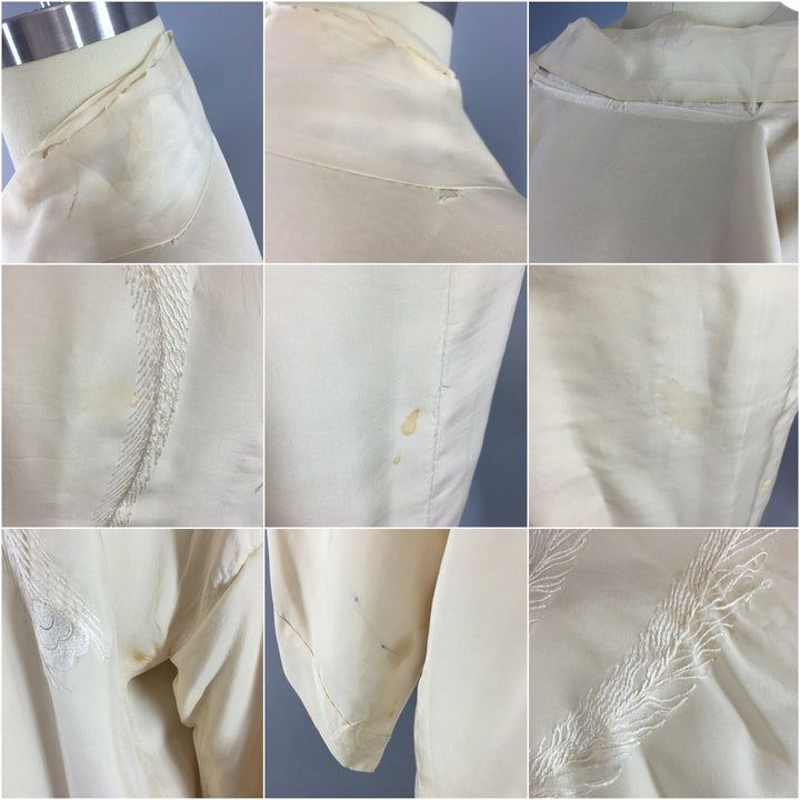 Vintage 1920s Silk Kimono Robe / Ivory Embroidered Peacock - ThisBlueBird