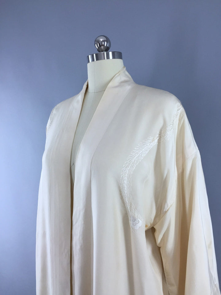 Vintage 1920s Silk Kimono Robe / Ivory Embroidered Peacock - ThisBlueBird