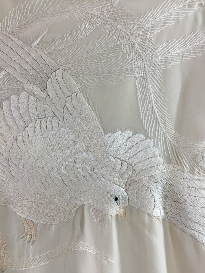 Vintage 1920s Silk Kimono Robe / Ivory Embroidered Peacock - ThisBlueBird