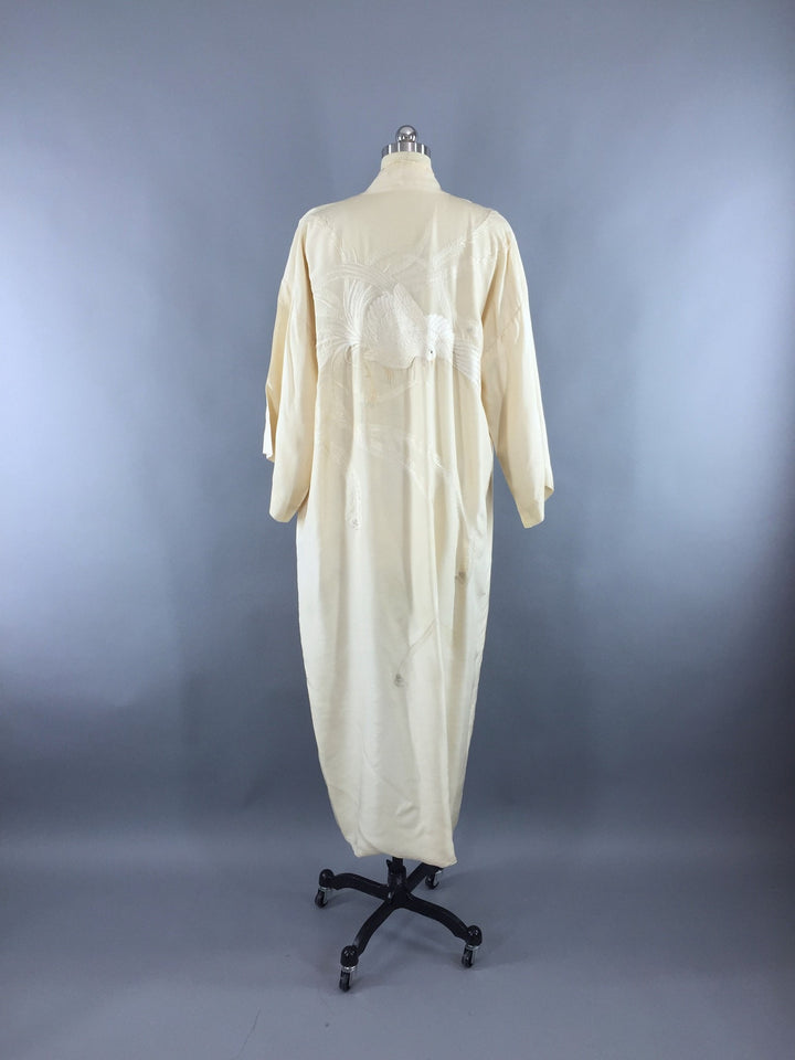 Vintage 1920s Silk Kimono Robe / Ivory Embroidered Peacock - ThisBlueBird