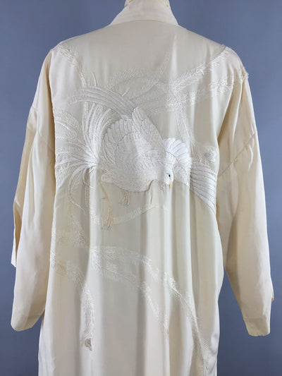 Vintage 1920s Silk Kimono Robe / Ivory Embroidered Peacock - ThisBlueBird