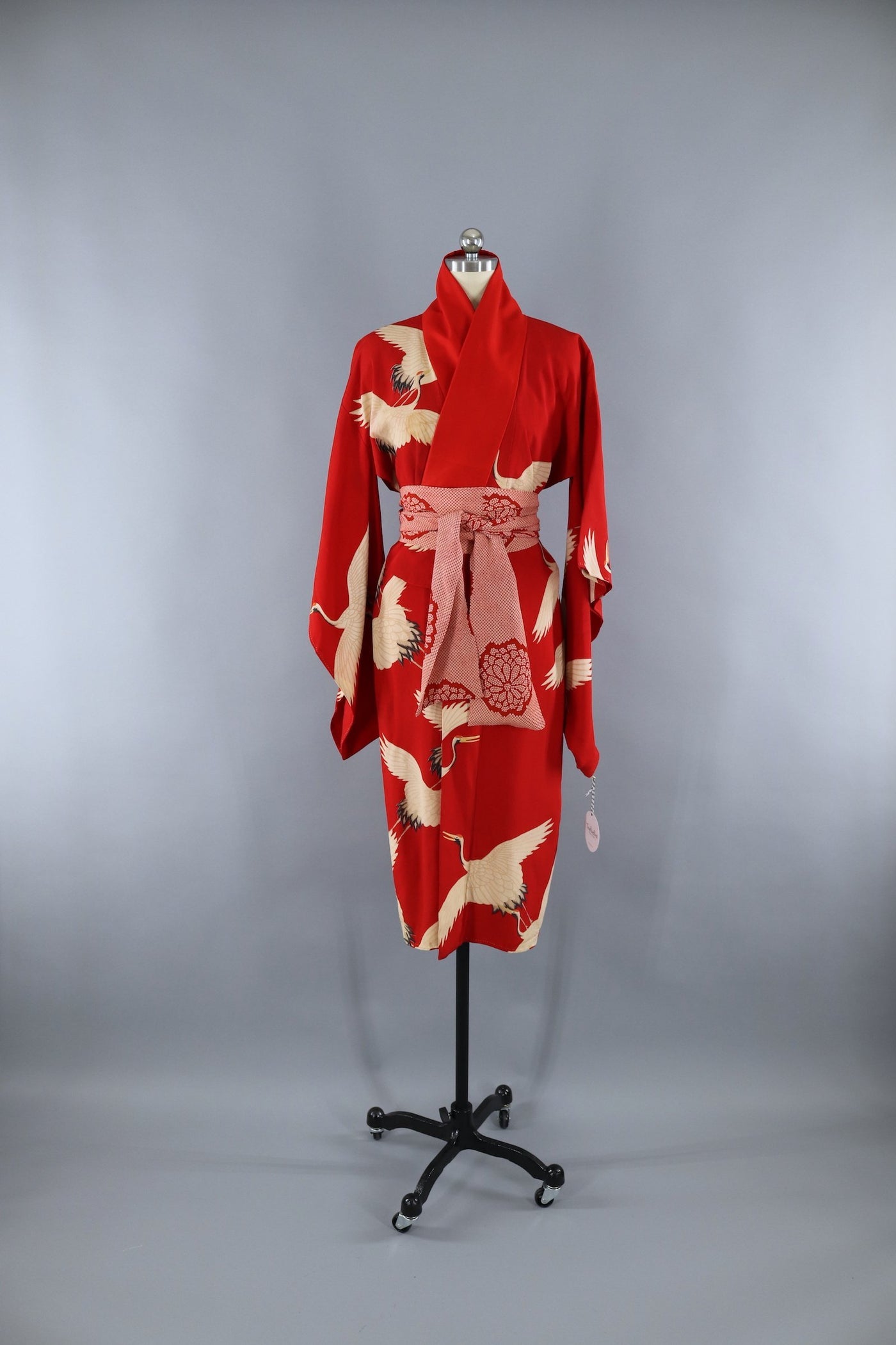 Vintage 1920s Silk Kimono Robe Juban / Red & White Giant Flying Cranes - ThisBlueBird
