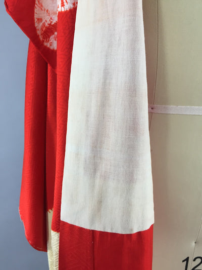 Vintage 1920s Silk Kimono Robe / Red Satin Fans Floral Tie Dye Shibori - ThisBlueBird