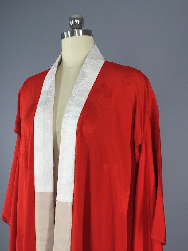 Vintage 1920s Silk Kimono Robe / Red Silk Juban - ThisBlueBird
