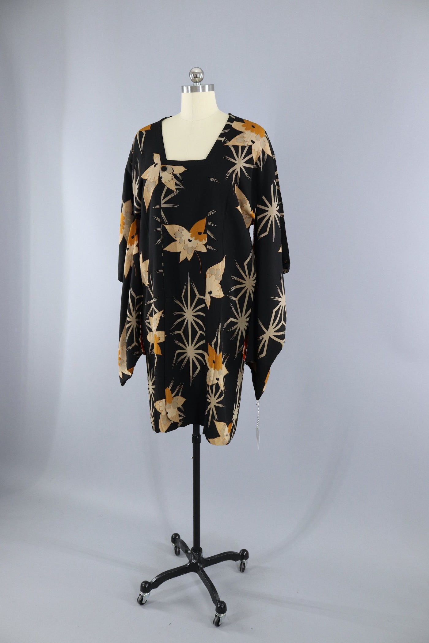 Vintage 1920s Silk Michiyuki Kimono Jacket / Black & Orange Floral Print - ThisBlueBird