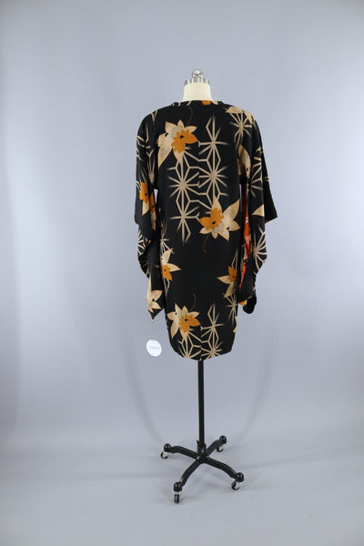 Vintage 1920s Silk Michiyuki Kimono Jacket / Black & Orange Floral Print - ThisBlueBird