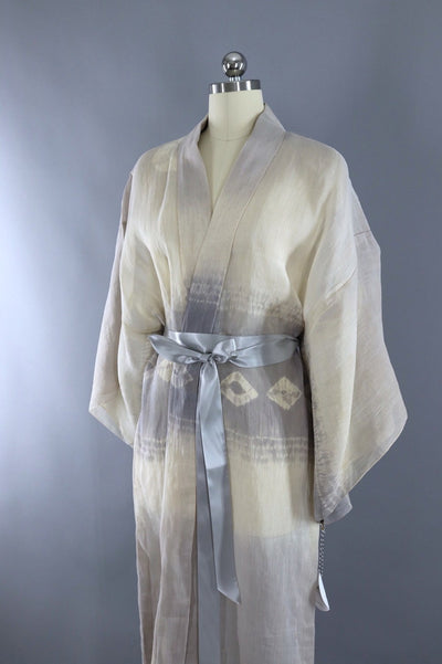 Vintage 1920s Silk Organdy Kimono Robe / White and Grey Shibori - ThisBlueBird