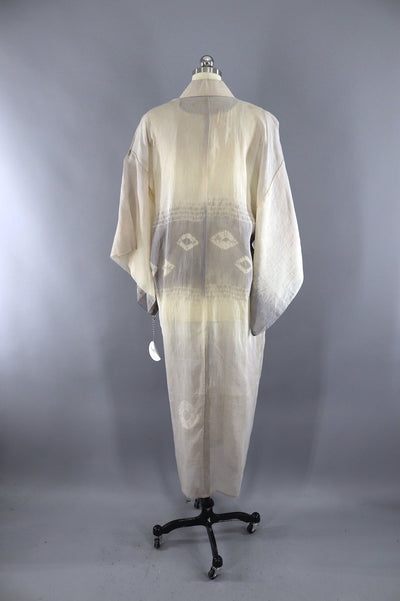 Vintage 1920s Silk Organdy Kimono Robe / White and Grey Shibori - ThisBlueBird
