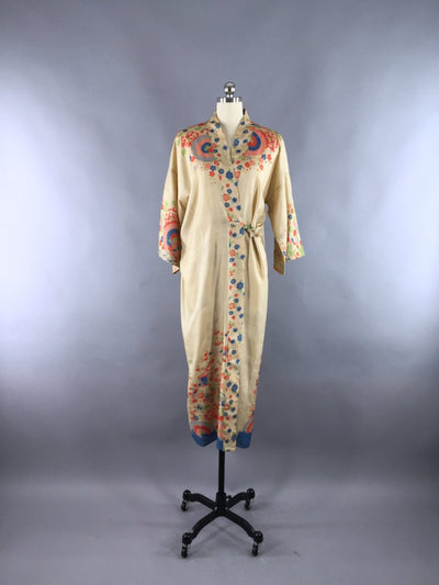 Vintage 1920s Silk Robe / Art Deco Asian Floral Print Silk Wrapper - ThisBlueBird