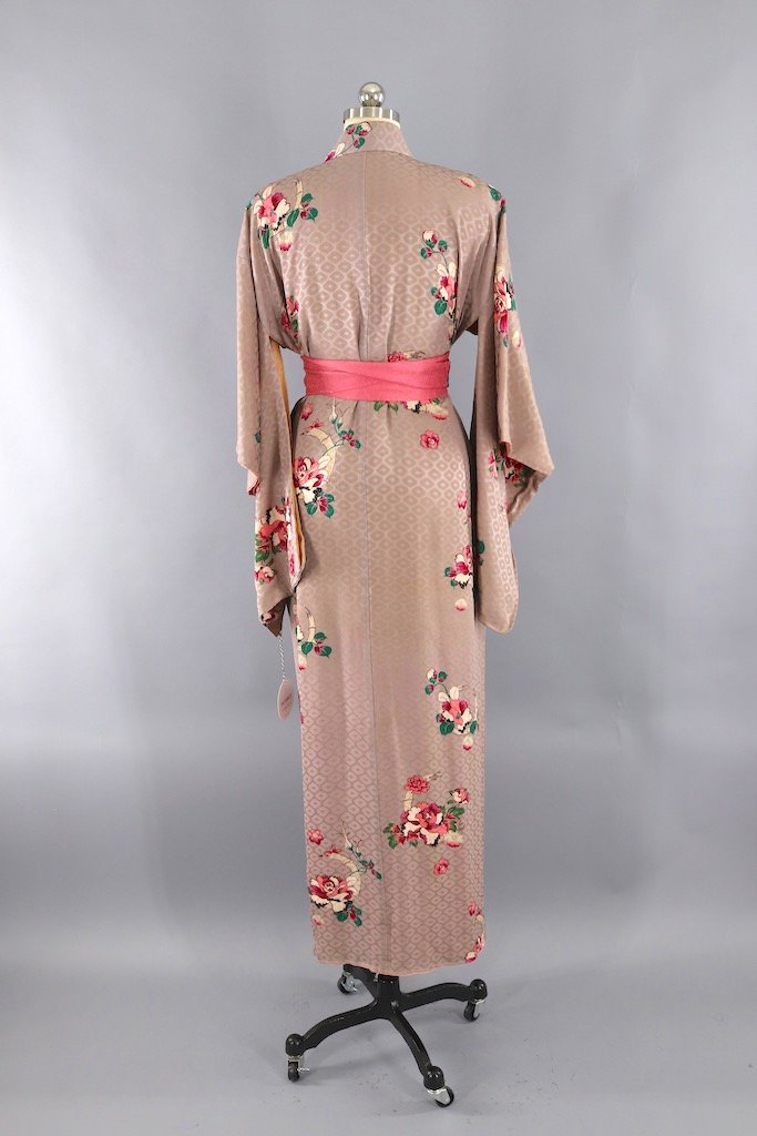 Vintage 1920s Taupe Floral Silk Kimono Robe-ThisBlueBird - Modern Vintage