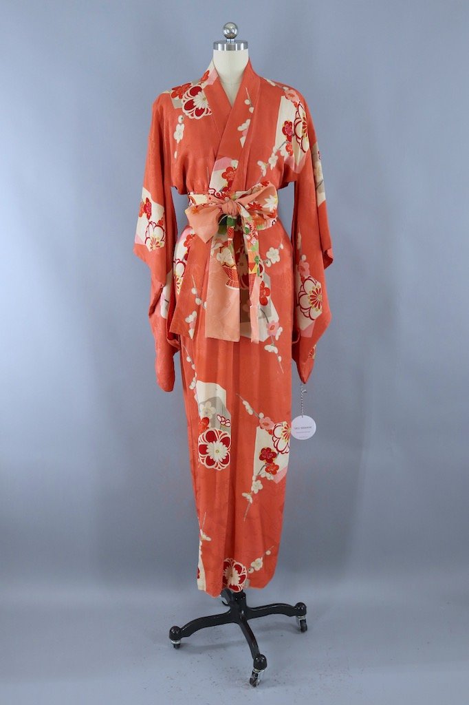 Vintage 1920s Terra Cotta Floral Silk Kimono Robe-ThisBlueBird - Modern Vintage