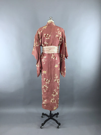 Vintage 1920s Vintage Silk Kimono Robe / Mauve Pink Floral Print - ThisBlueBird